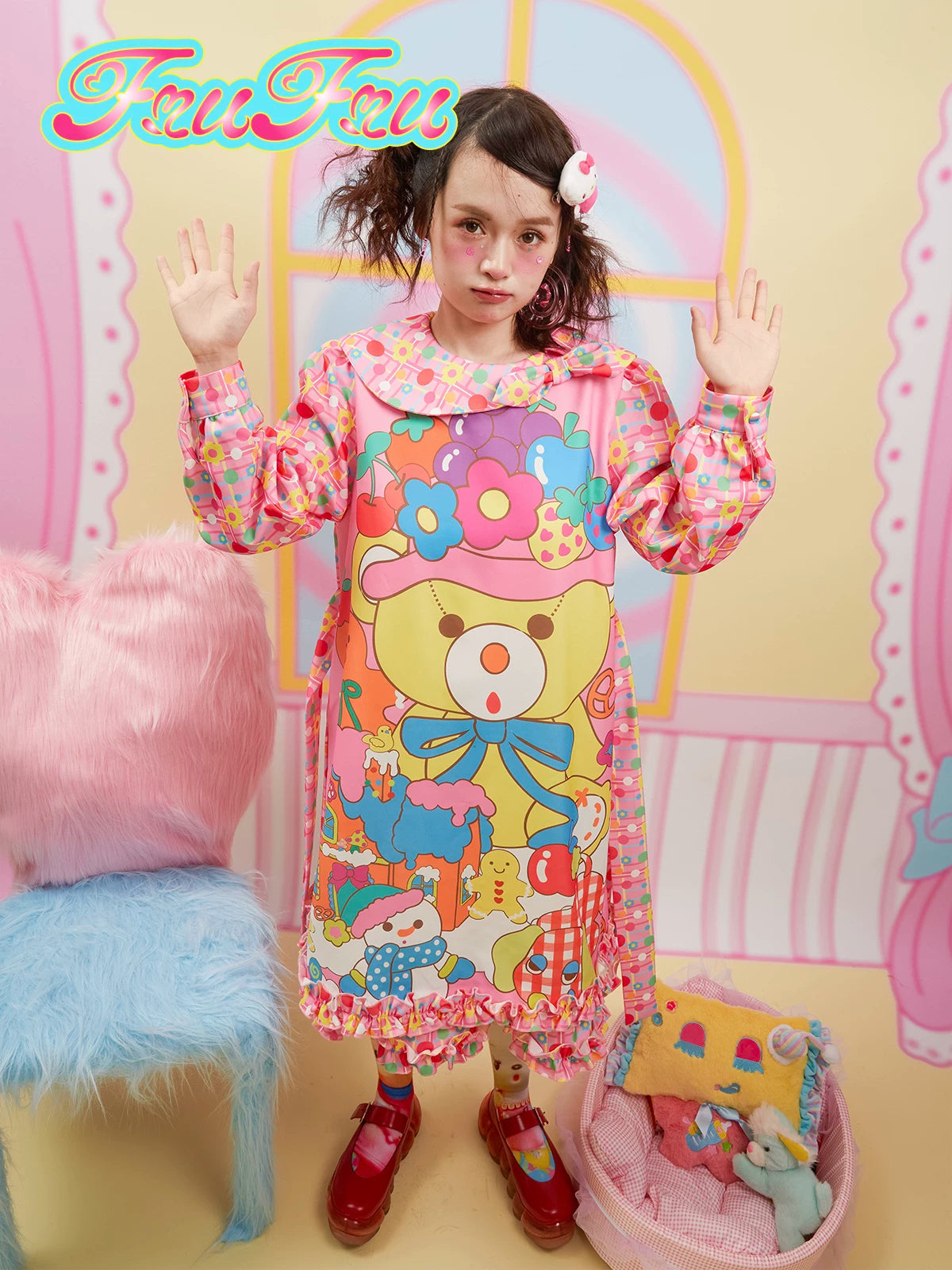 Gollum Store Girls' Room Autumn/Winter Doll Collar Pink Cute Little Bear Print Sweet Dress