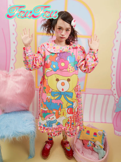 Gollum Store Girls' Room Autumn/Winter Doll Collar Pink Cute Little Bear Print Sweet Dress