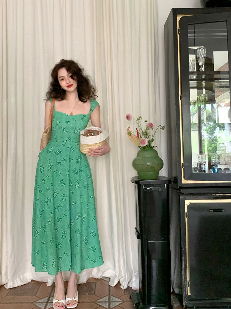 Fleur fragmentée verte: robe longue premium