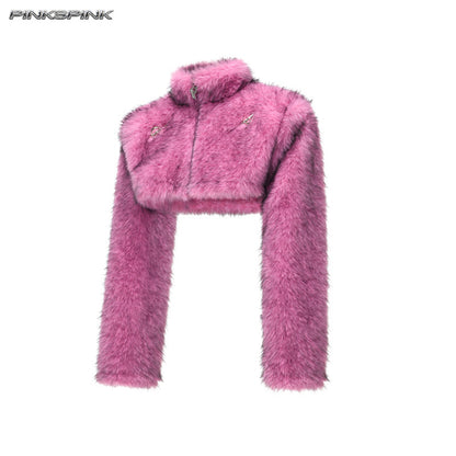 Electric Moon Gradient Fur Ultra-Short Y2K High-Neck Jacket