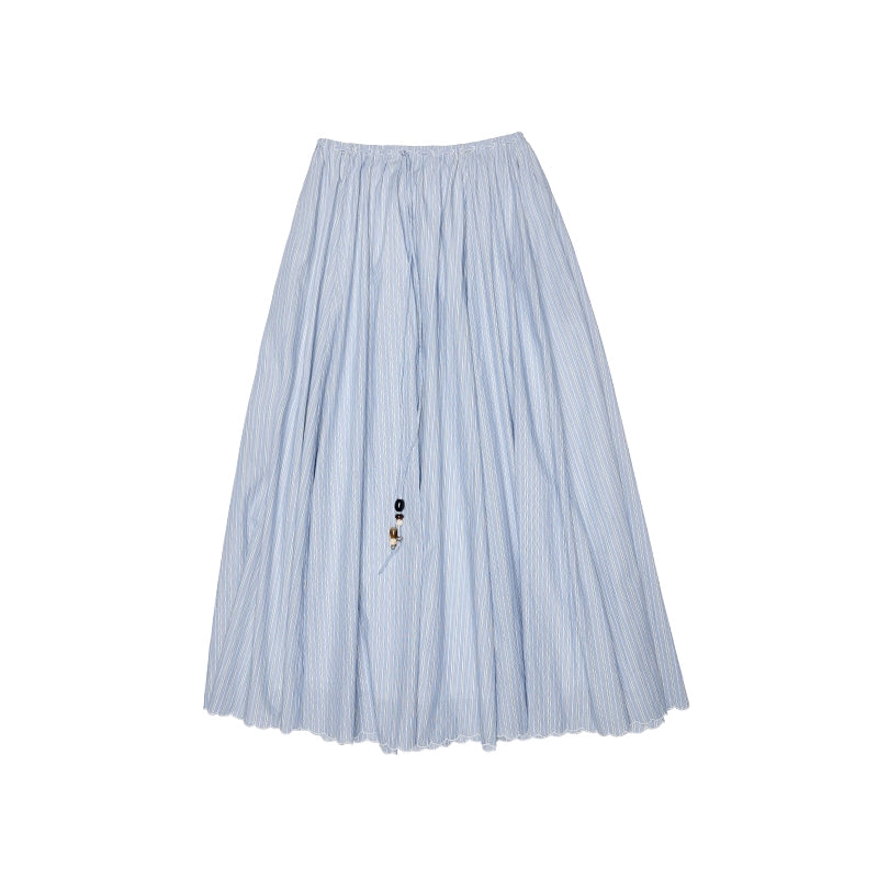 Striped Cotton Resort Skirt with Beaded Straps – Loose Swing A-Line Design