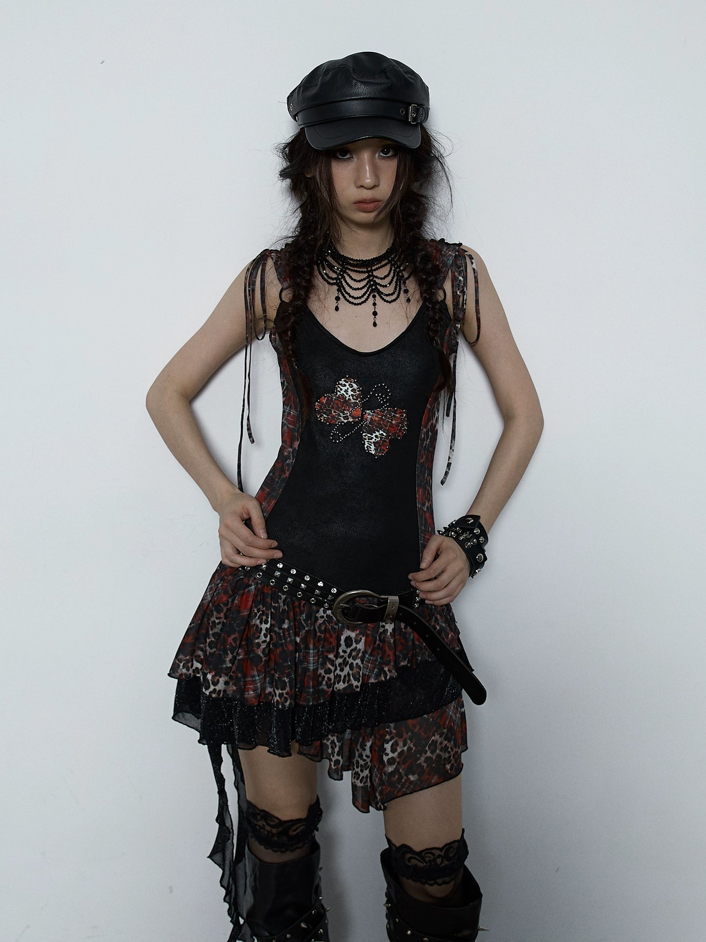 Leopard Pattern Mesh Dress | Hot Diamond Spliced ​​Dark Punk Design