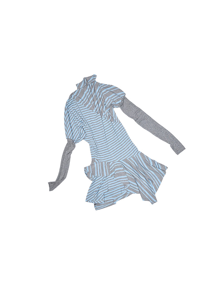 1JINN STUDIO blue and gray striped irregular patchwork long sleeve dress women's contrast puff sleeve design sense