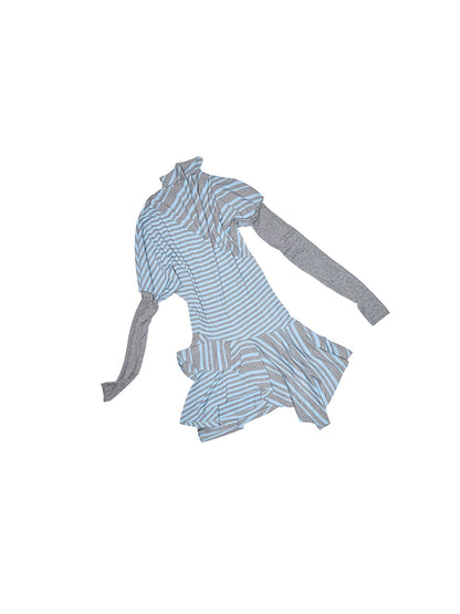 1JINN STUDIO blue and gray striped irregular patchwork long sleeve dress women's contrast puff sleeve design sense