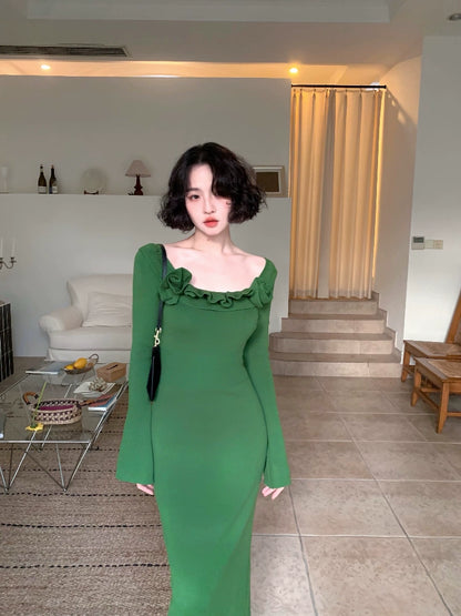 Flower Collar Design Long Knitted Dress (Hibiscus)