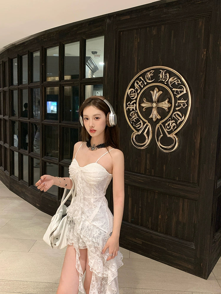 [Rebellious Couple] White Lace Irregular Layered Strap Dress - Summer Edition