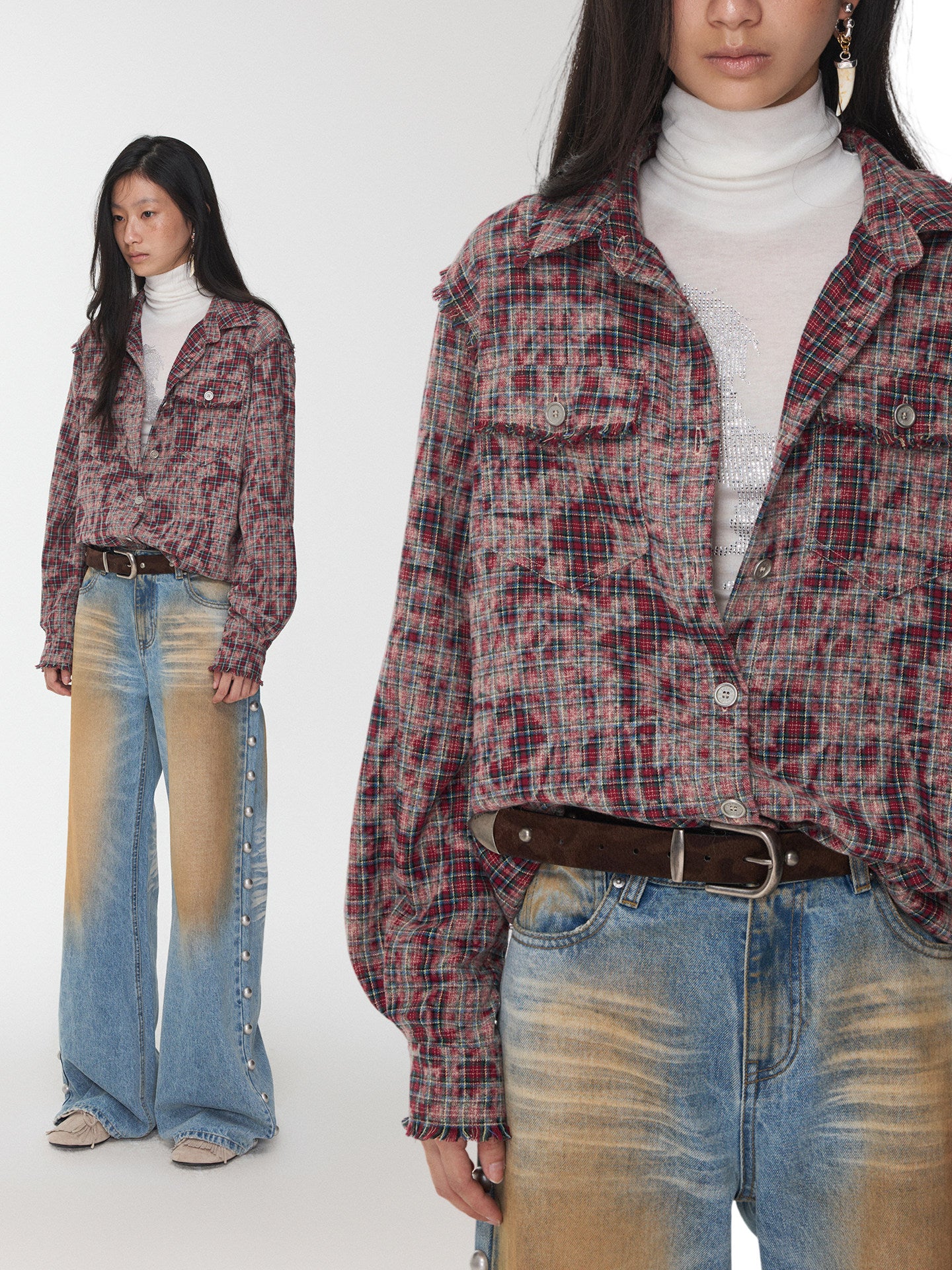Distressed Plaid Shirt Jacket