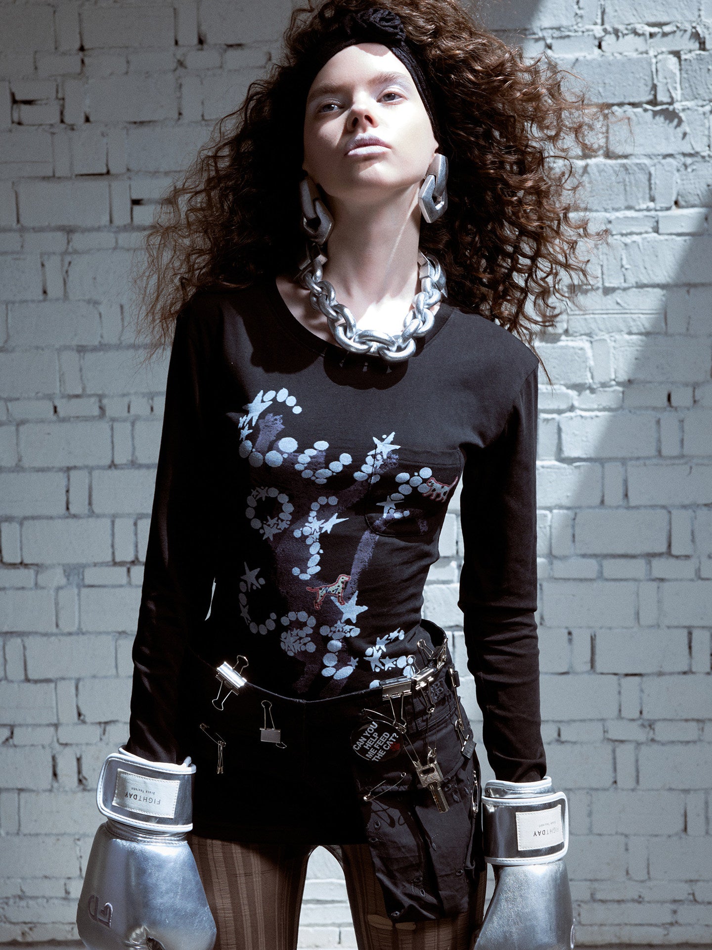 Cat Print Cut-Out Long Sleeve Top