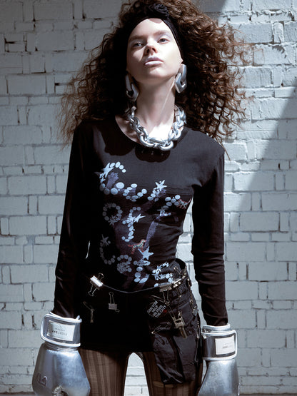 Cat Print Cut-Out Long Sleeve Top