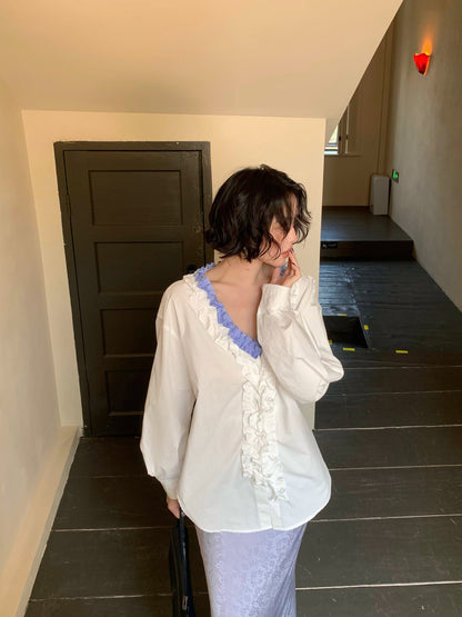 French Retro Color-Block Faux Two-Piece Lace V-Neck Shirt – Autumn Style