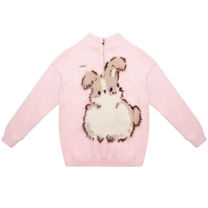 Pull en peluche lapin rose | Design rétro en velours à demi-fermeture éclair pour l'automne/hiver