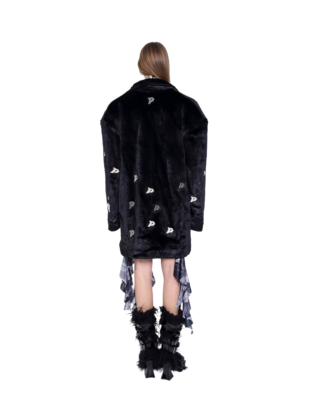 Metal Accent Letter P Jacket with Fur Shoulder Padding (Unisex)