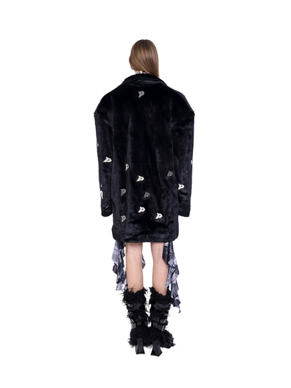 Metal Accent Letter P Jacket with Fur Shoulder Padding (Unisex)