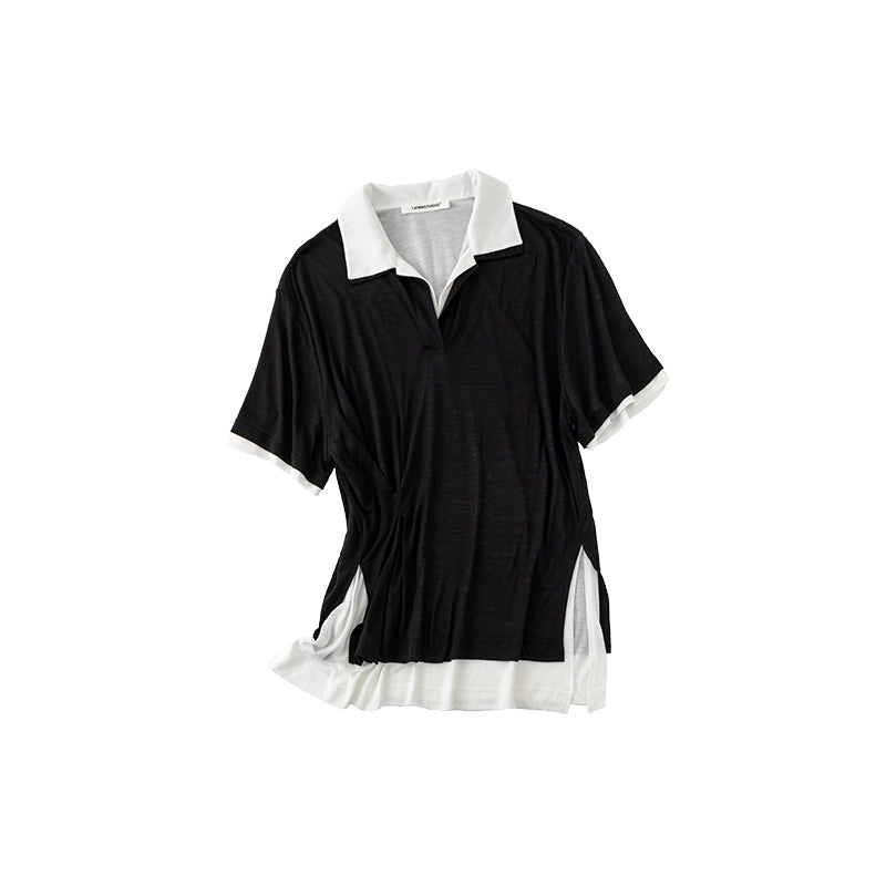 Two-in-One Loose Polo Blouse – Irregular Stitched Oversized Midi Top