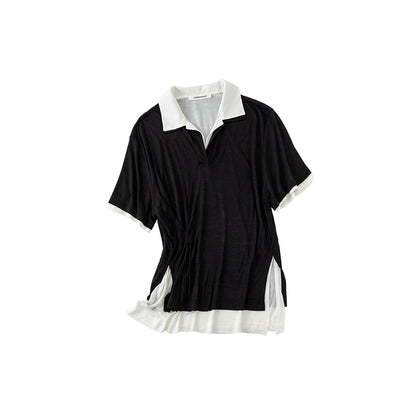Two-in-One Loose Polo Blouse – Irregular Stitched Oversized Midi Top