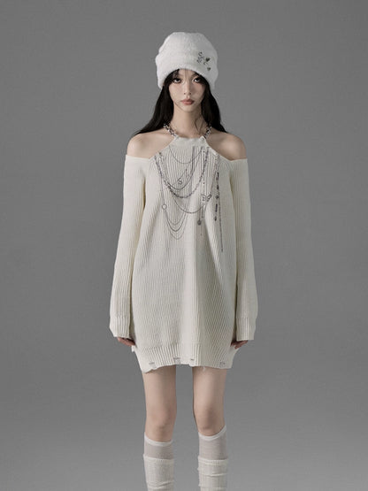 Moon and Old Dream Hanging Neck Chain Knit Top