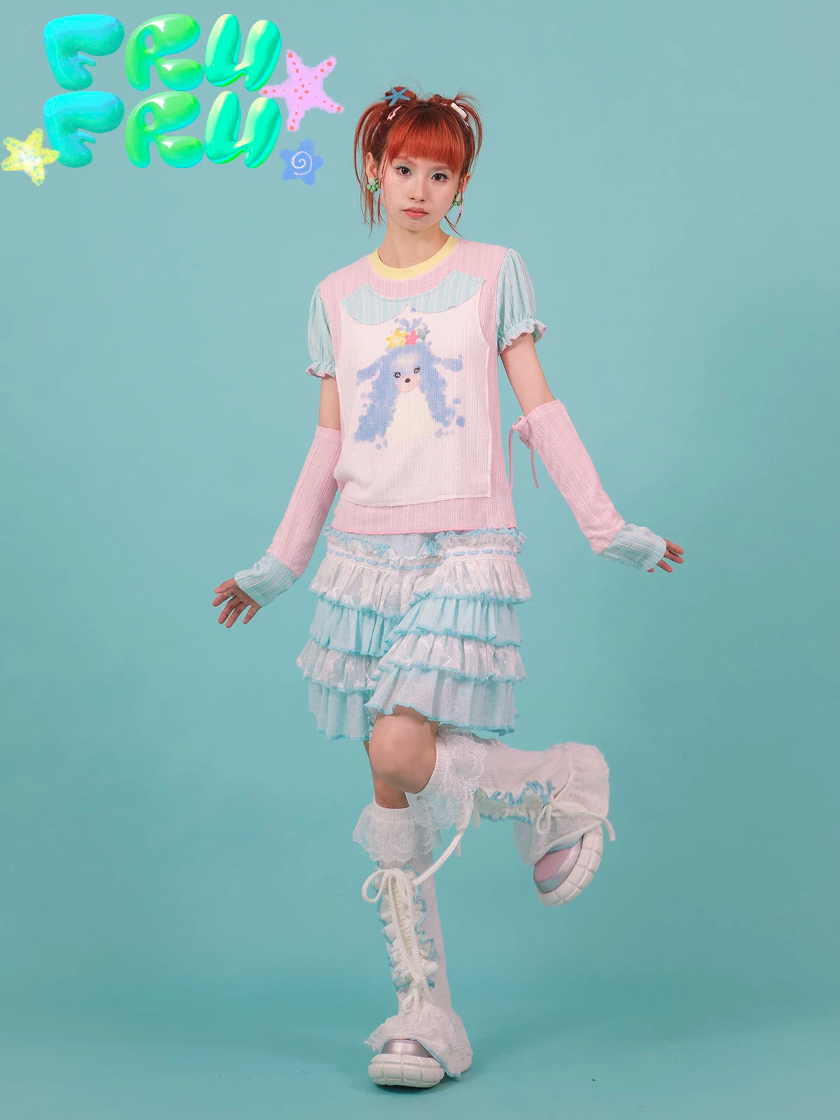 Gollum Store Original Cute Girl Summer Y2K Powder Blue Colorblock Puppy Print Pure Cotton T-Shirt