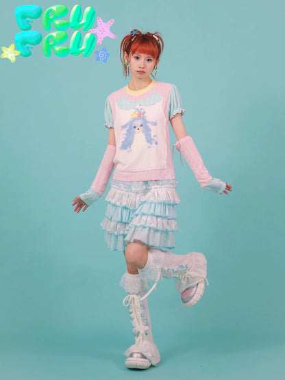 Gollum Store Original Cute Girl Summer Y2K Powder Blue Colorblock Puppy Print Pure Cotton T-Shirt