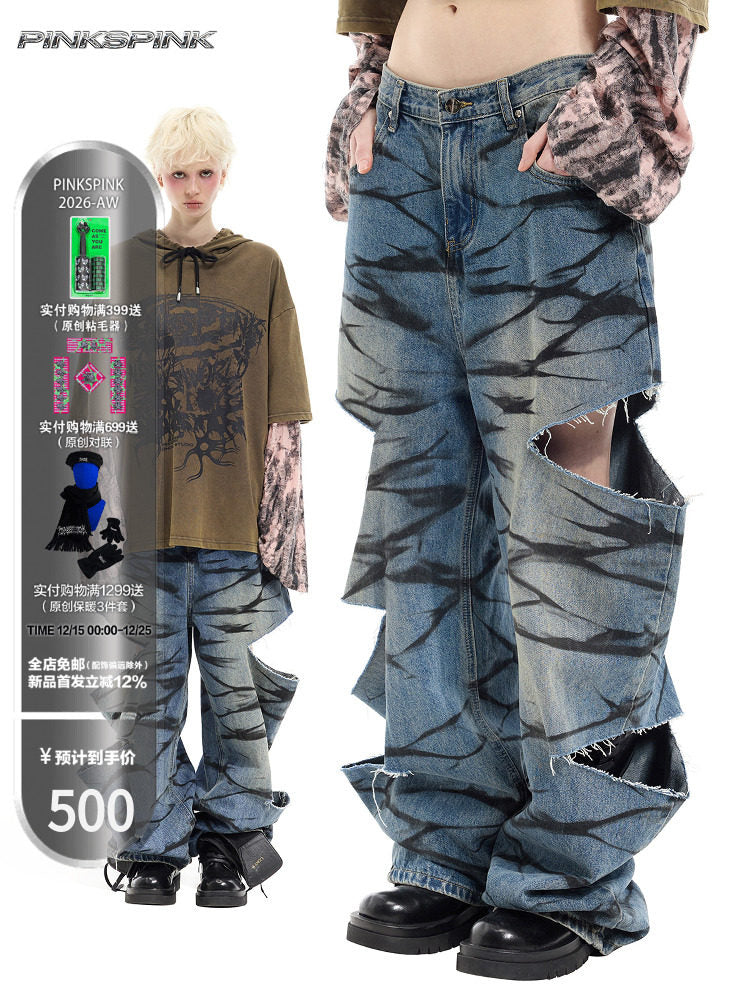 Layered Distressed Graffiti Low-Rise Unisex Y3K Jeans