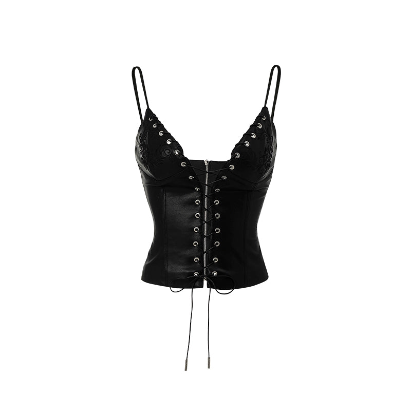 French Cut-Out Lace-Up Leather Camisole – Slim Embroidered Design