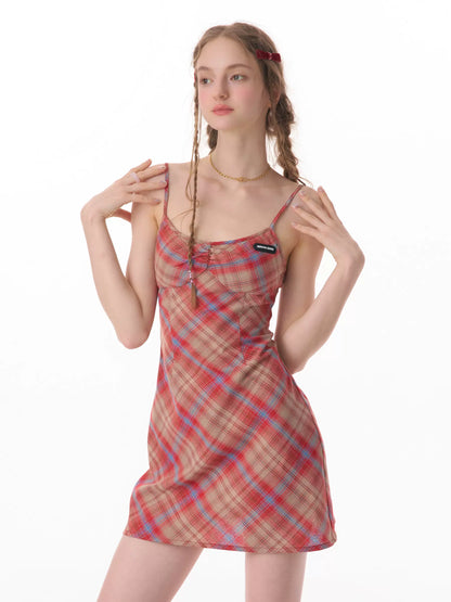 Red Plaid Strap Dress | High Waist Slim Fit Retro Summer Style