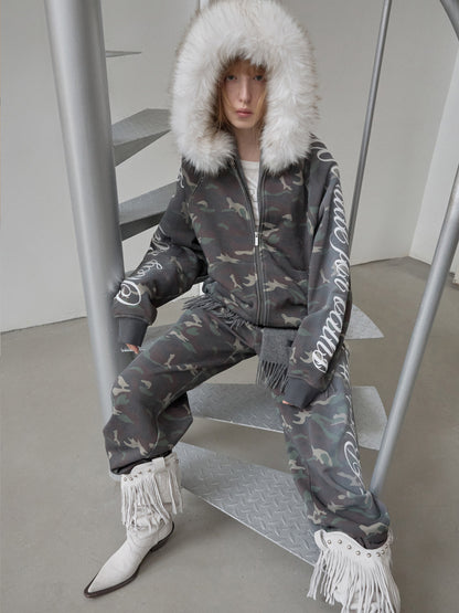 Embroidered Fur Hoodie Lounge Set