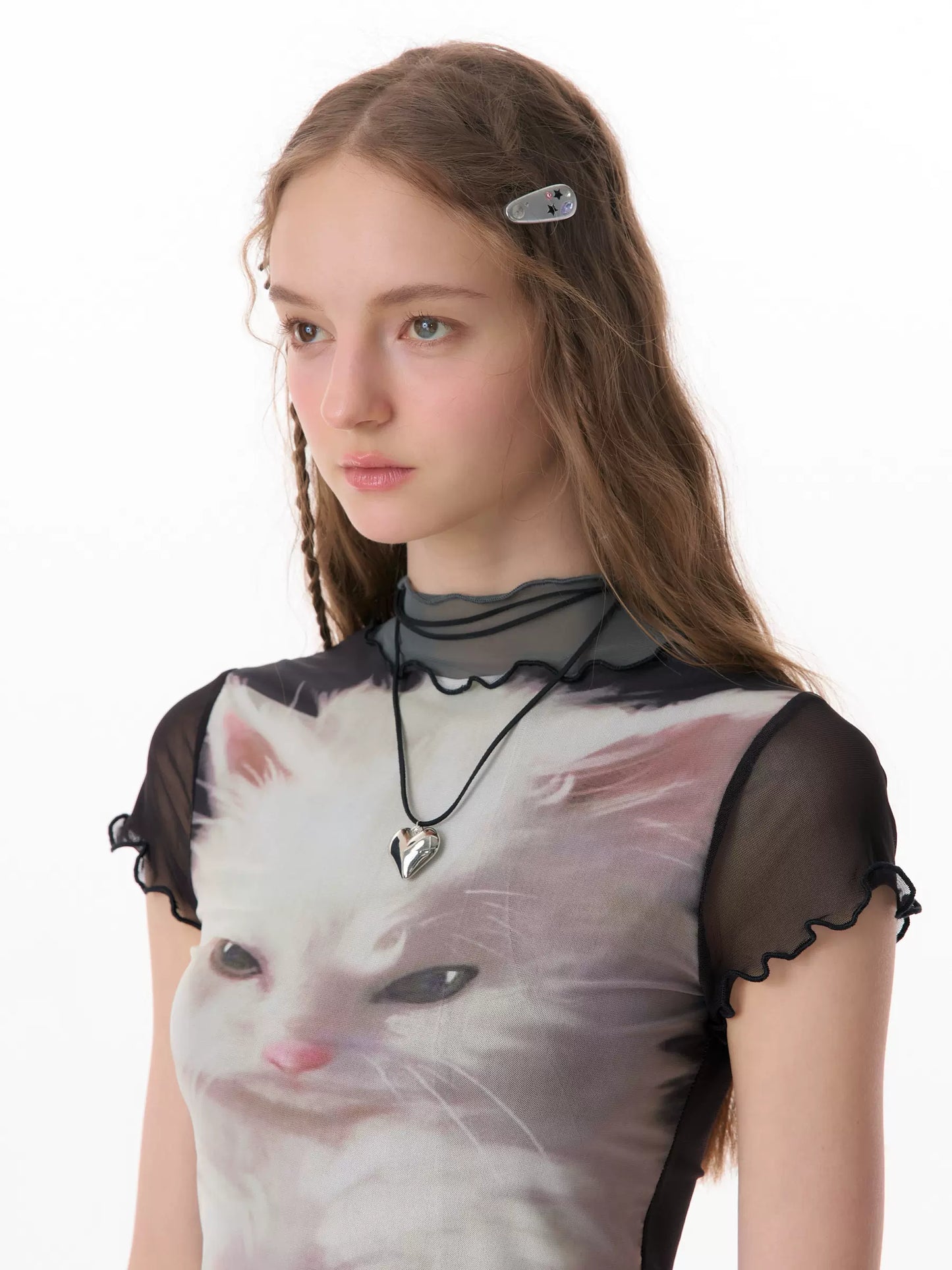 Cat Print Black Mesh T-shirt | Wood Ear Edge Short Sleeve Design for Summer