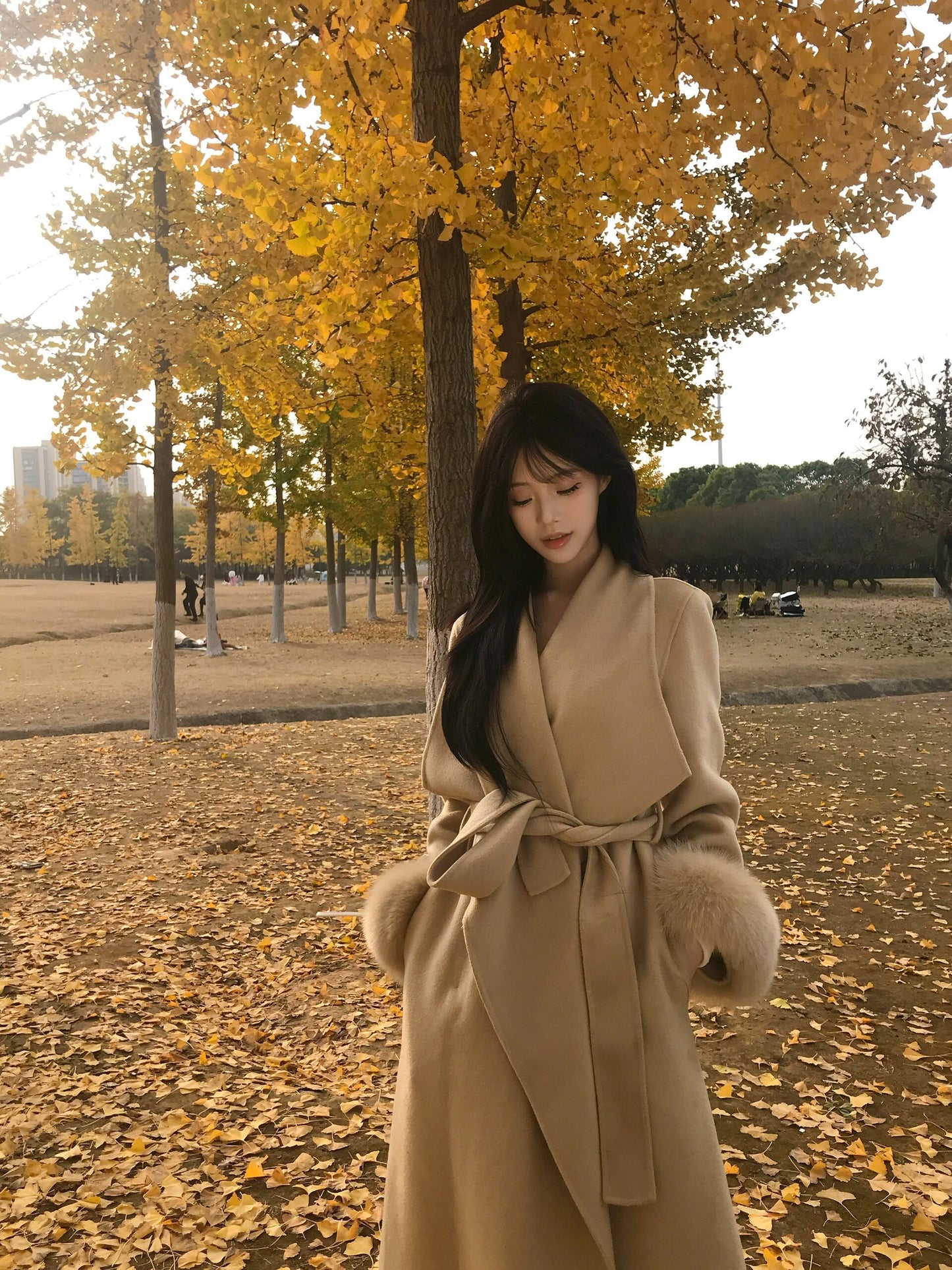 Golden Double-Faced Cashmere Coat – Winter Fox Fur Cuff Woolen Jacket