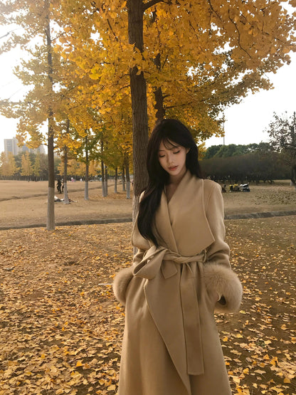 Golden Double-Faced Cashmere Coat – Winter Fox Fur Cuff Woolen Jacket