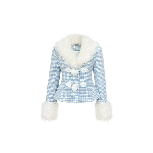 Conjunto de cuadros azules y blancos de diseño original con cuello de lana de encaje, cintura envuelta con algodón, abrigo de traje y falda