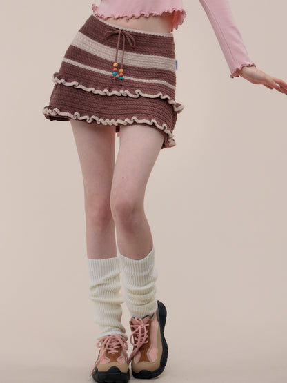 Brown Striped A-Line Wool Skirt | Slim Fit High Waist Knit Design for Autumn/Winter