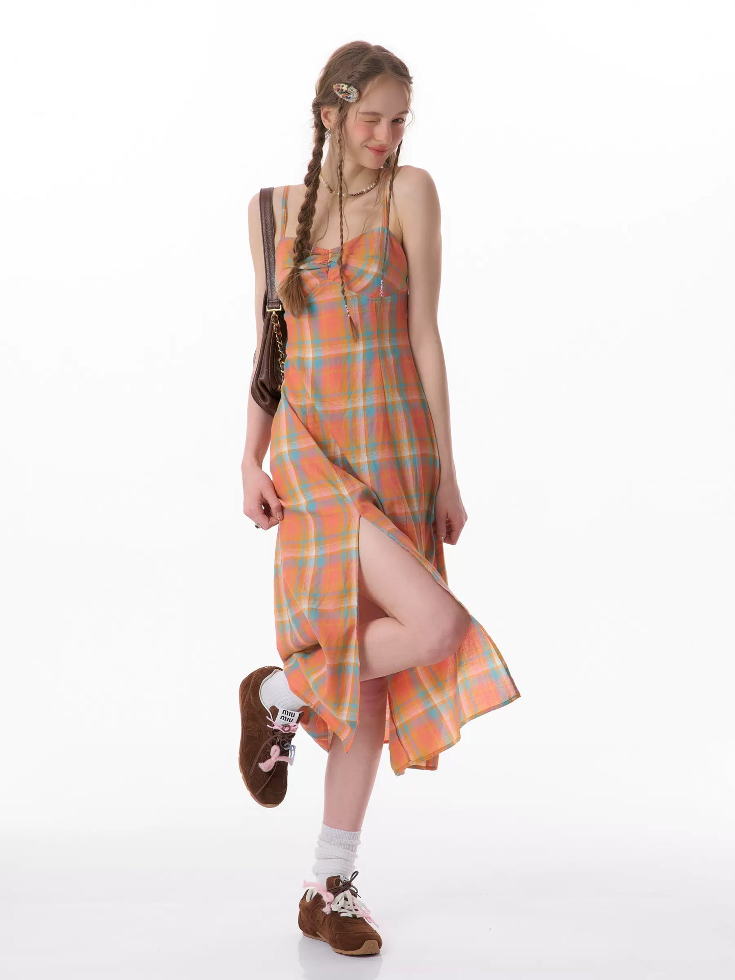 Orange Checkered Dress | Slim Fit American Retro Strap Design