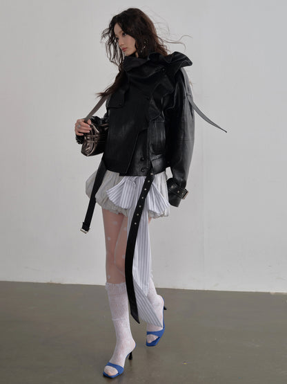Ruffle Collar Faux Leather Jacket | Chic PU Moto Jacket