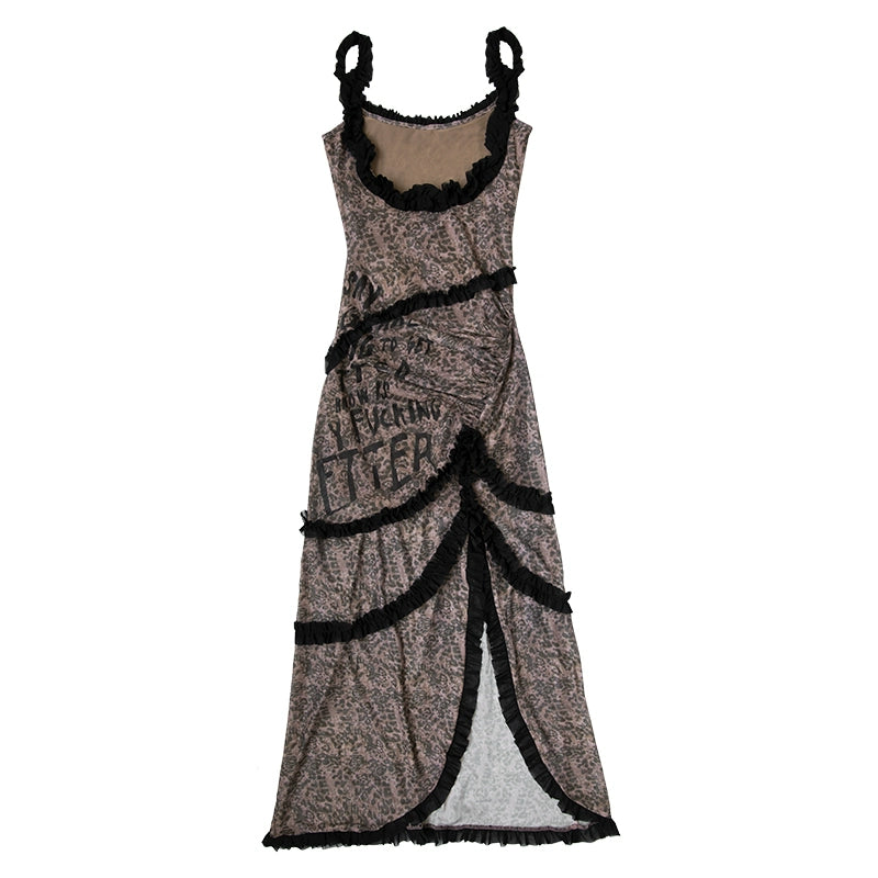 Leopard Print Spliced Mesh Dress | Slim Fit Double-Sided Retro Punk Design