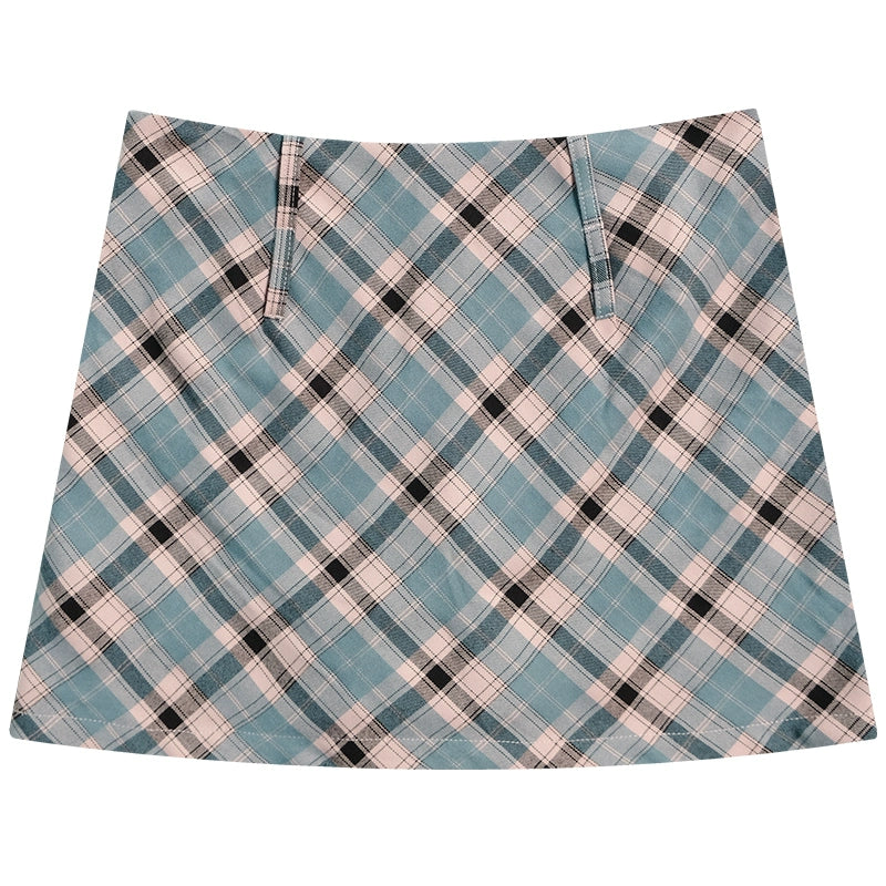 Pink & Blue Plaid A-Line Skirt | Retro High Waist Slim Fit for Summer