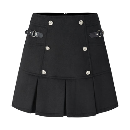 Woolen Black & Plaid A-line Skirt