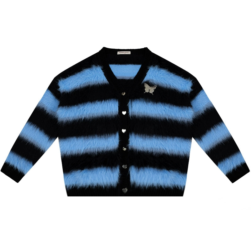 Blue-Black Striped Sweater Cardigan | Soft and Thick Retro Lazy Style for Autumn/Winter