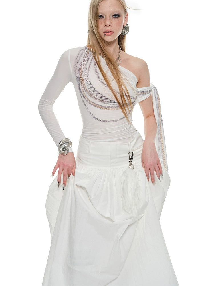 Chain Print Off-Shoulder Streamer Vest – French Style Slim Fit Tee