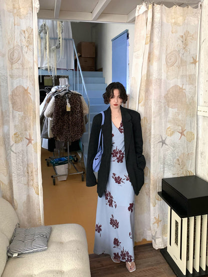 Flower Ripple Printed V-Neck Maxi Dress