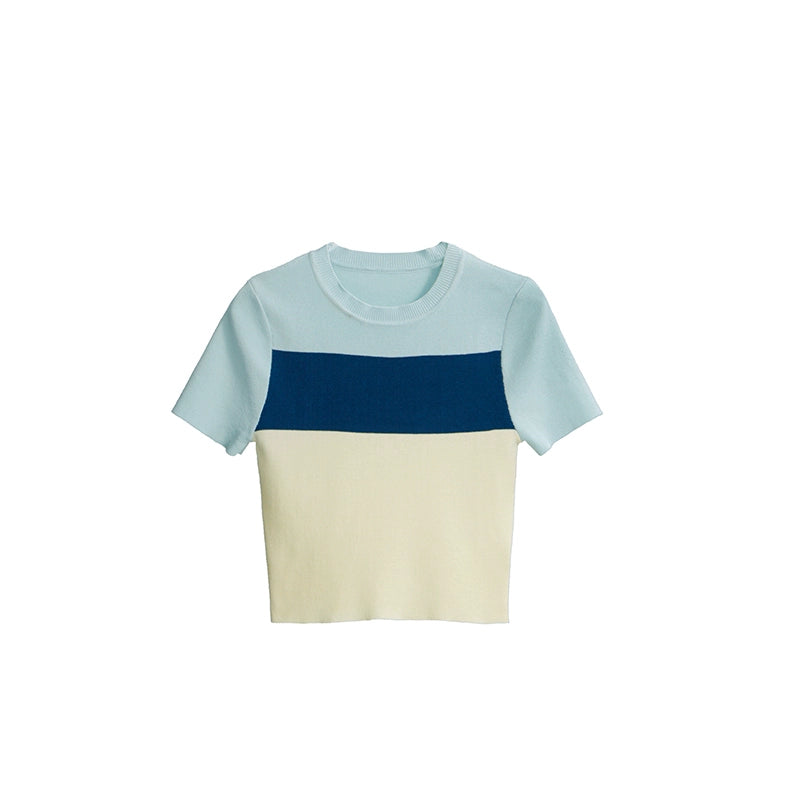Original Design Ice Cream Contrast Fresh Stripe Backing Imitation Linen Short Sleeve Knitted T-shirt