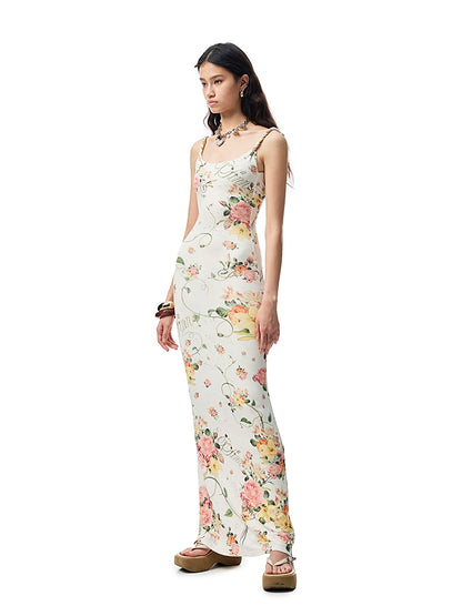 Resort Floral Slip Maxi Dress – Backless Cinched Waist Vacation Style