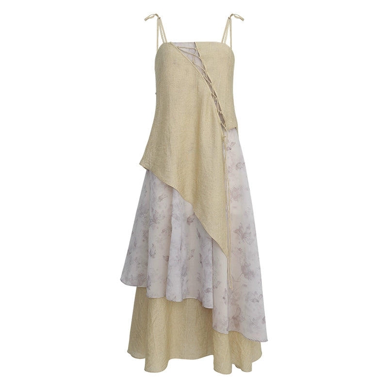 Dry Leaf Yellow Asymmetric Strap Cool Zen Style Sling Dress