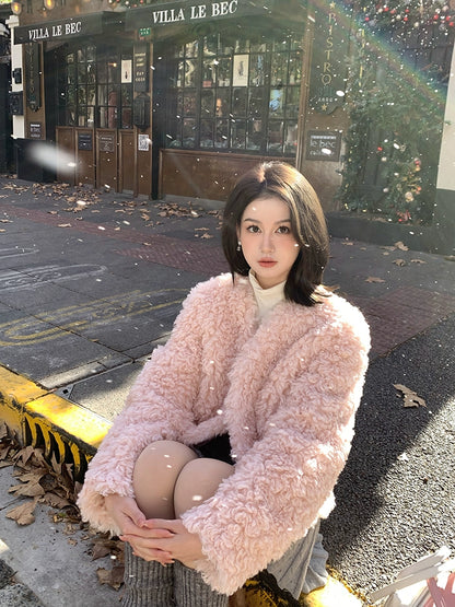 Pink Eco-Friendly Fur Coat - Women's Autumn/Winter Short Wool Curly Fit