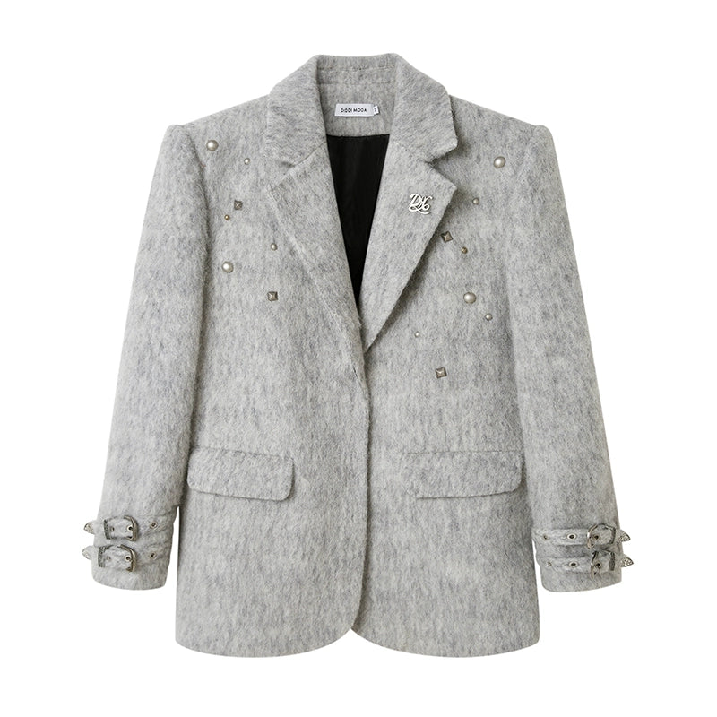 Rivetta grigio lungo -cappotto in lana -fleece