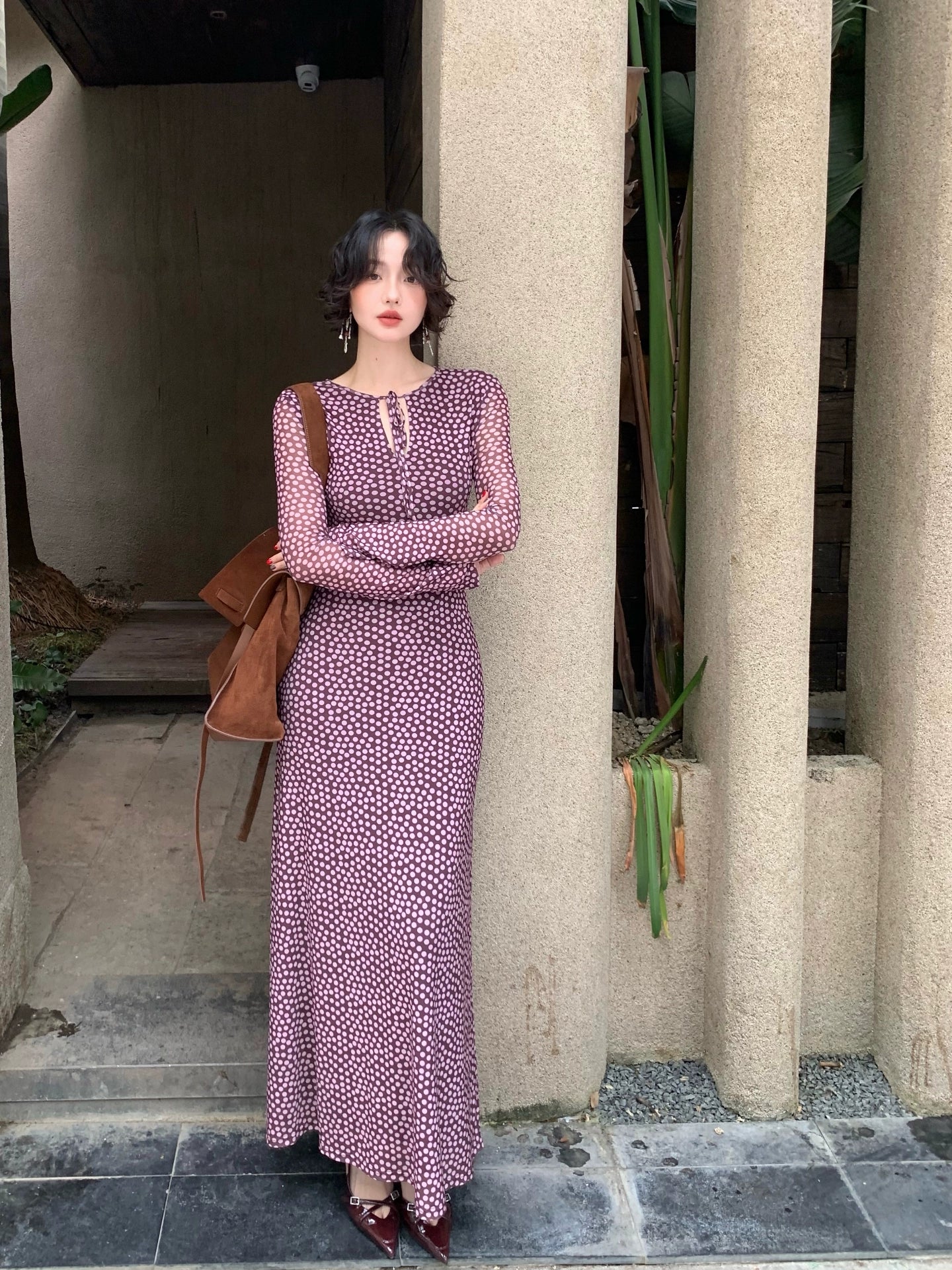 Feiyi Qingyun Polka Dot Maxi Dress – Hong Kong Retro Elegant Fall Style