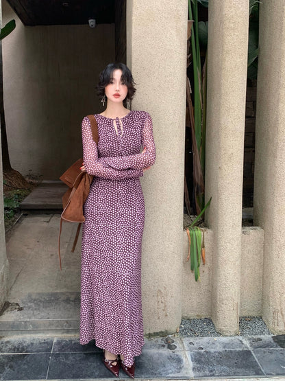 Feiyi Qingyun Polka Dot Maxi Dress – Hong Kong Retro Elegant Fall Style