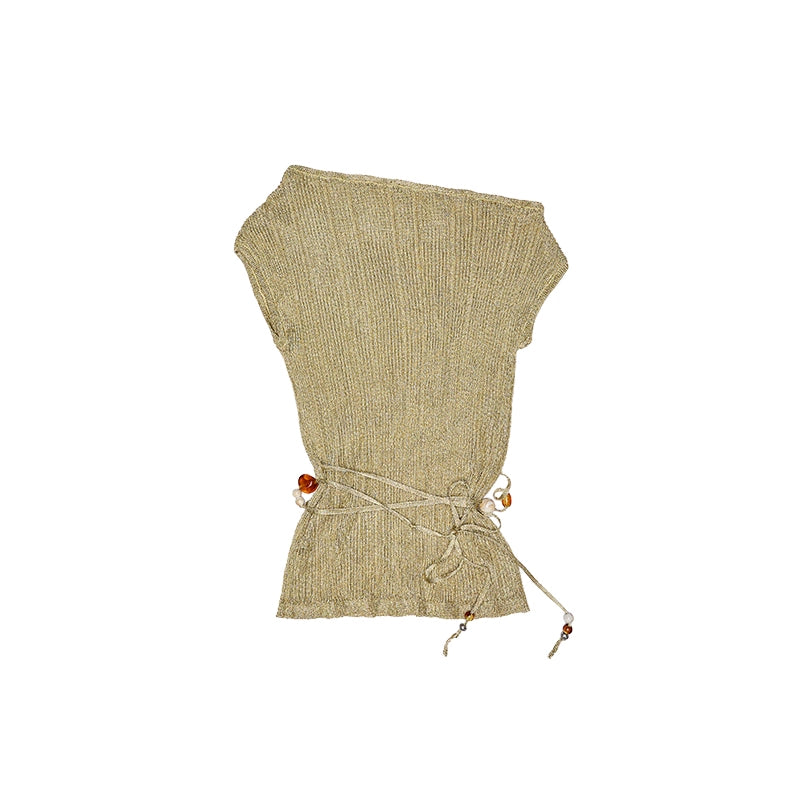 Pleated Lace-Up Knit Top – Sheer Loose Short Sleeve Off-Shoulder Cover-Up