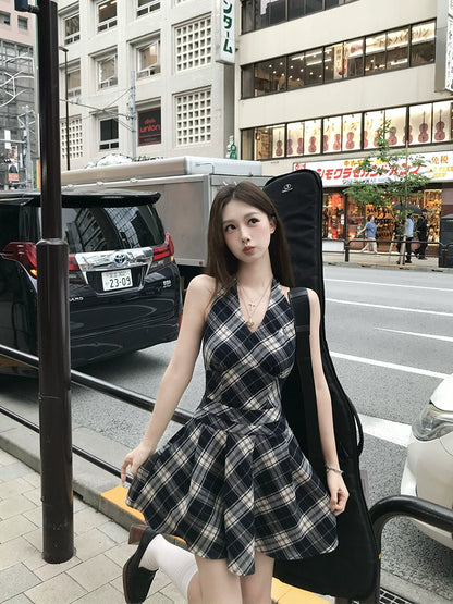 Showa Girls Checkered Dress - V-Neck Halterneck Strap Skirt for Summer