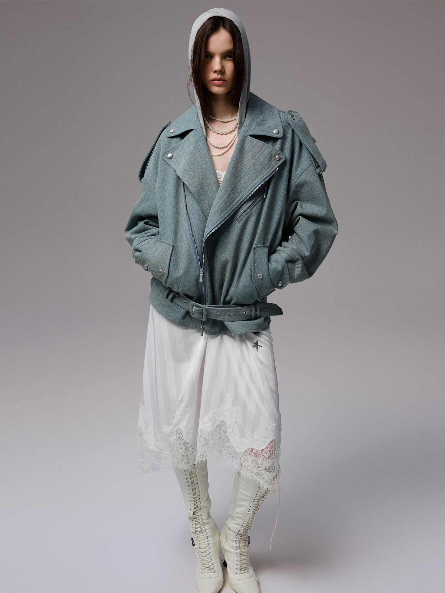 Washed Denim Biker Jacket