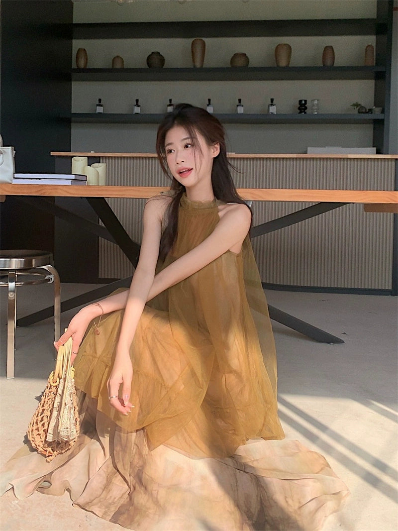 Fairy Mesh Tie-Dye Halterneck Dresses – National Style Cheongsam-Inspired Skirts